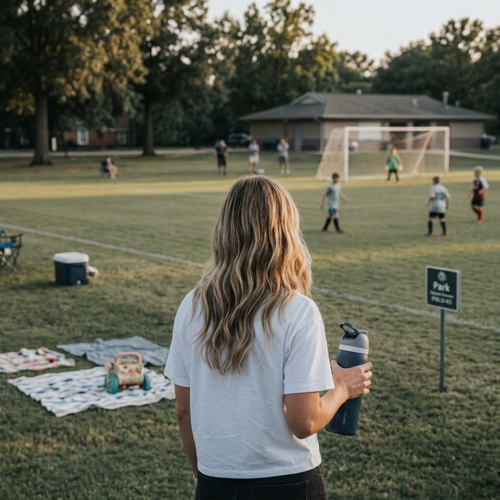 A woman with long blonde hair stands on a grassy park field holding a dark blue water bottle, viewed from behind as she watches children play soccer in the distance. A picnic blanket, coolers, trees, and a small 'Park' sign are visible in the foreground and midground. Raddy electrolyte drink.